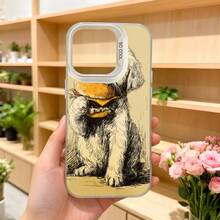 Funda para telefono con borde negro y parte trasera amarilla con estampado de perro comiendo hamburguesa y texto CASETTO ideal para uso diario en tiendas de flores y eventos sociales Aplicable a los teléfonos de la serie Apple y Galaxy - Negro - Ver 5