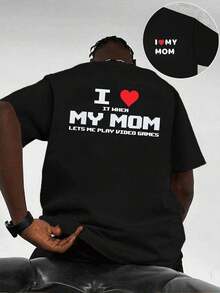Camiseta gráfica de mamá gamer de talla grande, oto?o, 100 % algodón, ajuste cómodo, transpirable, informal, estampado llamativo, impresión a doble cara - Negro - Ver 1