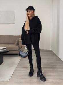 2pcs Women's Casual Solid Color Long Sleeve Sweatshirt And Pants Set, Sportswear, Street Style, Homewear, Yoga Outfit, Spring/Autumn/Winter - Black - View 2