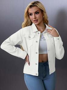Women's Classic  Wash Cropped Denim Jacket – Casual Button Down Jean Coat With Long Sleeves And Pockets - White - View 1