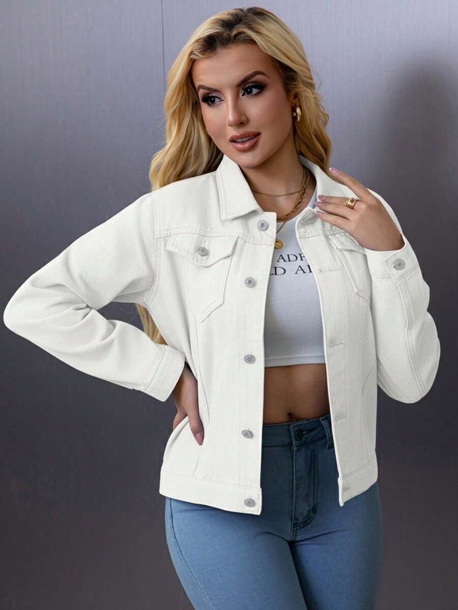 Women's Classic  Wash Cropped Denim Jacket – Casual Button Down Jean Coat With Long Sleeves And Pockets - White - View 1