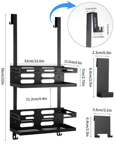 Hängende Duschablage zum Aufhängen ohne Bohren, geeignet für rahmenlose Glastüren/Duschabtrennungen, schwarz, zweilagige Badezimmer-Aufbewahrungsablage mit 2 Duschkörben und Glasabzieher.