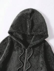 Women's Loose All-Match Versatile Hooded Zip Up Long Sleeve Jackets, Fluffy Plush Teddy Cozy Thermal Lined Sweatshirt Pullover, Autumn/Winter - Dark Grey - View 4