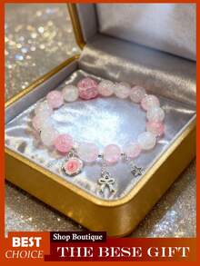 Crystal Beaded Bracelet For Women, Glass & Synthetic Crystal Bracelet, Elegant Adjustable Stretch Bracelet With  Flower Beads, Dainty Bohemian Beaded Jewelry Gift - Hồng - Xem 4