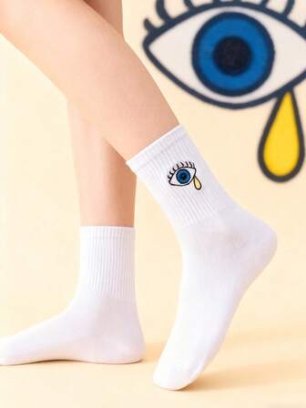 1 Pair Women's White Big Eyes Teardrop Mid-Calf Socks, Fashionable Casual Long Socks, Versatile For Daily Wear