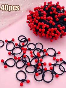 40个装女孩红色串珠发圈，打结设计不伤发，弹性耐用，日常佩戴发饰 - 紅色 - 查看 5