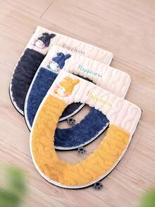 Thickened Plush Toilet Seat Cover, Washable, Warm And Soft Universal Toilet Seat Cover, Checkerboard Rabbit Ear / Cute Raccoon Toilet Sticker - Multicolor - View 6