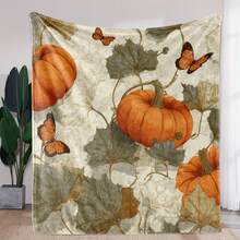 1pc SDoo Vintage Autumn Butterfly & Pumpkin Print Flannel Blanket - Soft Warm All-Season Throw For Sofa, Bed, Car, Office, Camping - Mixed Colors, Cozy Gift Blanket, Blanket For Couch, Camping Accessory, Seasonal Decor Item, Plush Texture-30*40in - Multicolor - View 1