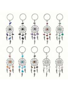 10pcs/Set Dreamcatcher Keychain Set, Assorted Natural Gemstone Wing Charms, Handmade Round Keyring, Suitable For Expressing Friendship And Love, Unique Gemstone Keyring Series, Ideal As Gifts Or For Special Occasions Christmas Bag Charms Car Accessories Teacher Sister Gift Ideas