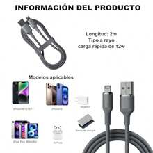Cable Nylon Trenzado USB Carga 2M Cable USB A Lightning para iPhone 14/13/13 Pro Max/12/12 Pro/11/XS MAX/8 Plus iPad Pro Air Pro iPod Gris - como en la foto - Ver 2