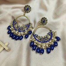 Elegant Vintage Bohemian Earrings, Floral Carved Design With Long Bead Drop, Perfect For Daily Wear - 墨藍色 - 查看 7