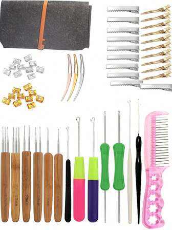 58pcs Multi-Size & Multi-Type Crochet Hooks Set, For Braiding And Dreadlocks, 20pcs Stainless Steel Dreadlock Crochet Hooks, Hair Styling Tools