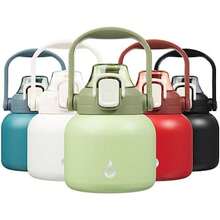 BJPKPK - Botellas de agua aisladas con pajita, 20 onzas lindas botellas de agua con asa, termo de metal de acero inoxidable sin , termo de fácil transporte para hombres y mujeres, color blanco(0.6 Litros 20 ozLight Green) - Multicolor - Ver 1