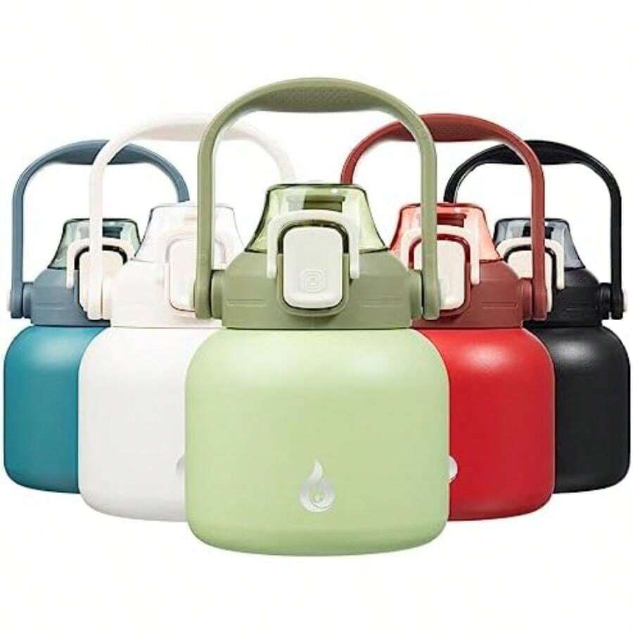 BJPKPK - Botellas de agua aisladas con pajita, 20 onzas lindas botellas de agua con asa, termo de metal de acero inoxidable sin , termo de fácil transporte para hombres y mujeres, color blanco(0.6 Litros 20 ozLight Green) - Multicolor - Ver 1