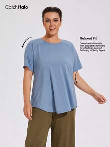 Plus Size Women's Short Sleeve Fitness T-Shirt, Round Neck Raglan Sleeve Design, Breathable Perforated Back, Quick-Dry Fabric, Hip-Covering Summer - Blue - View 9