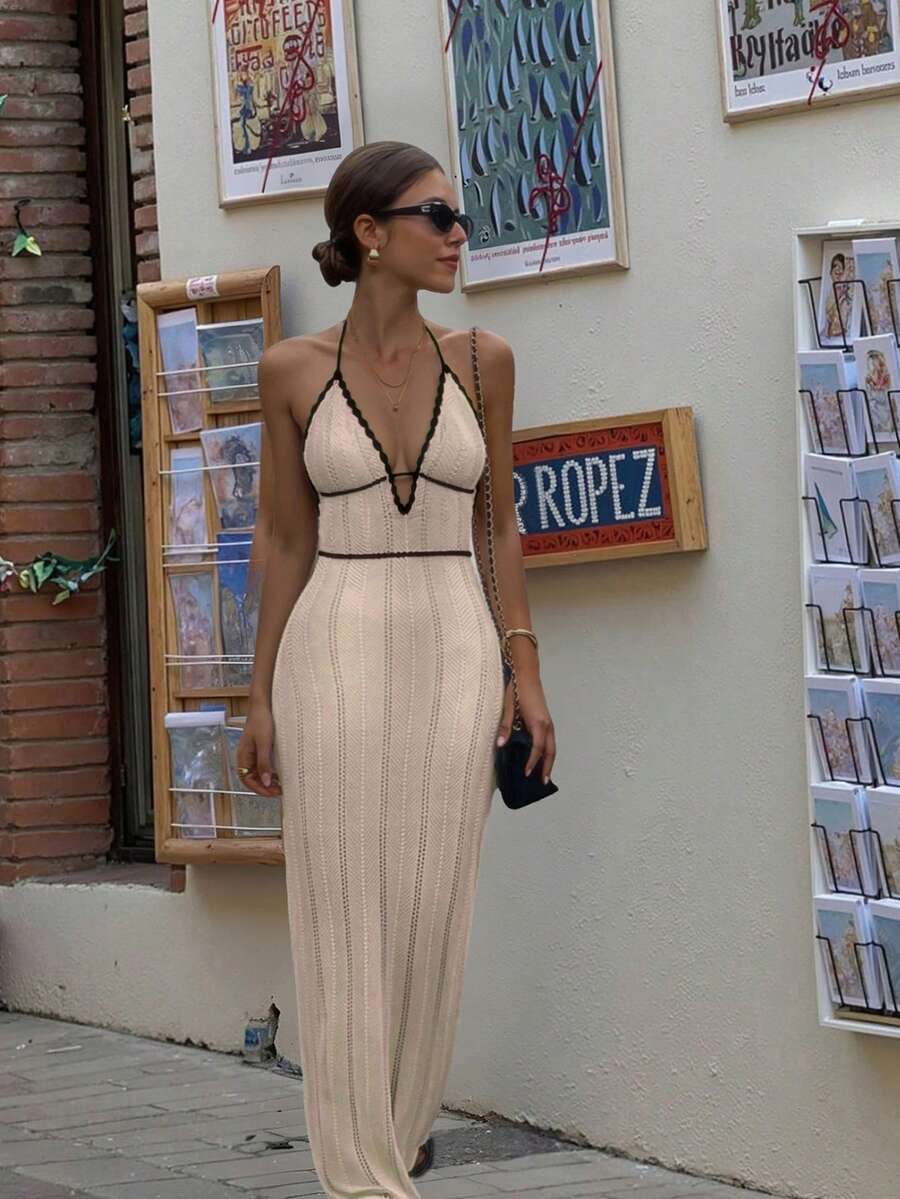 FOR BEAUTY Spring And Summer Waist-Cinching New Sexy Backless Lace Up Neck Hanging Knitted Sweater Sun Dress For Women's Casual Music Festival Holiday Style Thin Fashion Elegant Boho Brown Long Dress New Year