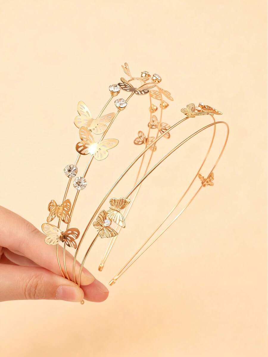 1 tiara infantil com borboleta cravejada de strass super brilhantes, design simples e elegante, com duas fileiras de metal, perfeita para o dia a dia. - Ouro - Ver 1