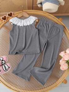 2pcs/Set Girls Summer Outfit, Children Round Neck Lace Ruffle Collar Blouse & Flared Pants Set - Grey - View 2