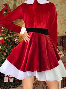 Women's Christmas Santa Claus Costume Dress Velvet Red Long Sleeve Layered Tulle Dress With Plush Sashes Decorated Winter Holiday Party Celebration Cosplay Outfit - 紅色 - 查看 3