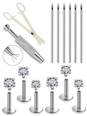 Set de 5 a 15 piezas de perforación de labios/orejas - Herramienta agarradora de bolas para cambiar joyas, aguja de perforación de 16G para nariz/oreja/labio con rosca interna, anillo de labio con CZ