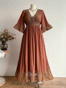 Rusttydustty Vestido bohemio de encaje con parches, cuello en V y mangas medianas, estilo vintage elegante, adecuado para uso casual, vacaciones, Año Nuevo, Día de San Valentín y otras ocasiones - Marrón - Ver 3
