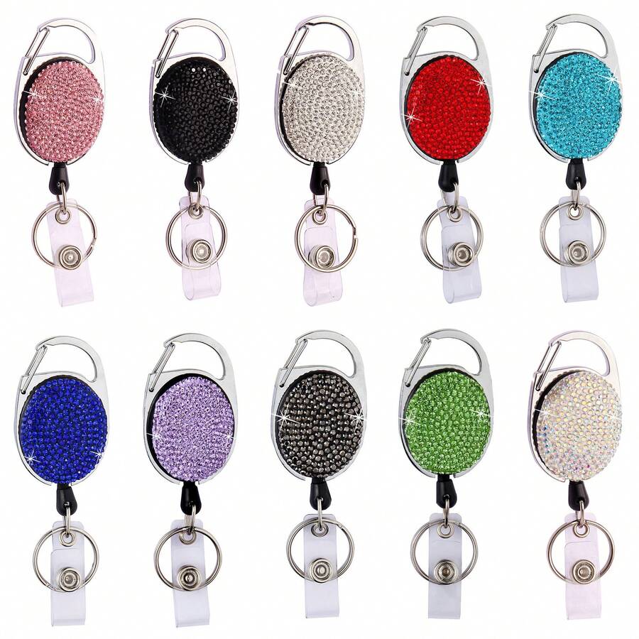 Rhinestone Snap Hook, Metal Oval Retractable Clip, Badge ID Holder