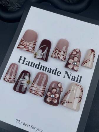 10片装棕色鸭子美甲短款法式贴片亚克力按压式美甲套装，带3D花朵装饰线条艺术可爱亮面斑马纹假指甲豹纹假指甲艺术设计美甲用品，适合女性和女孩