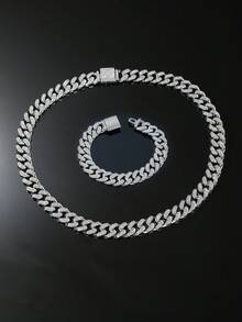 1 Set Men's 13mm Wide Hip Hop Style Fully Iced-Out Cuban Link Chain Necklace And Bracelet Set - Style a - View 2