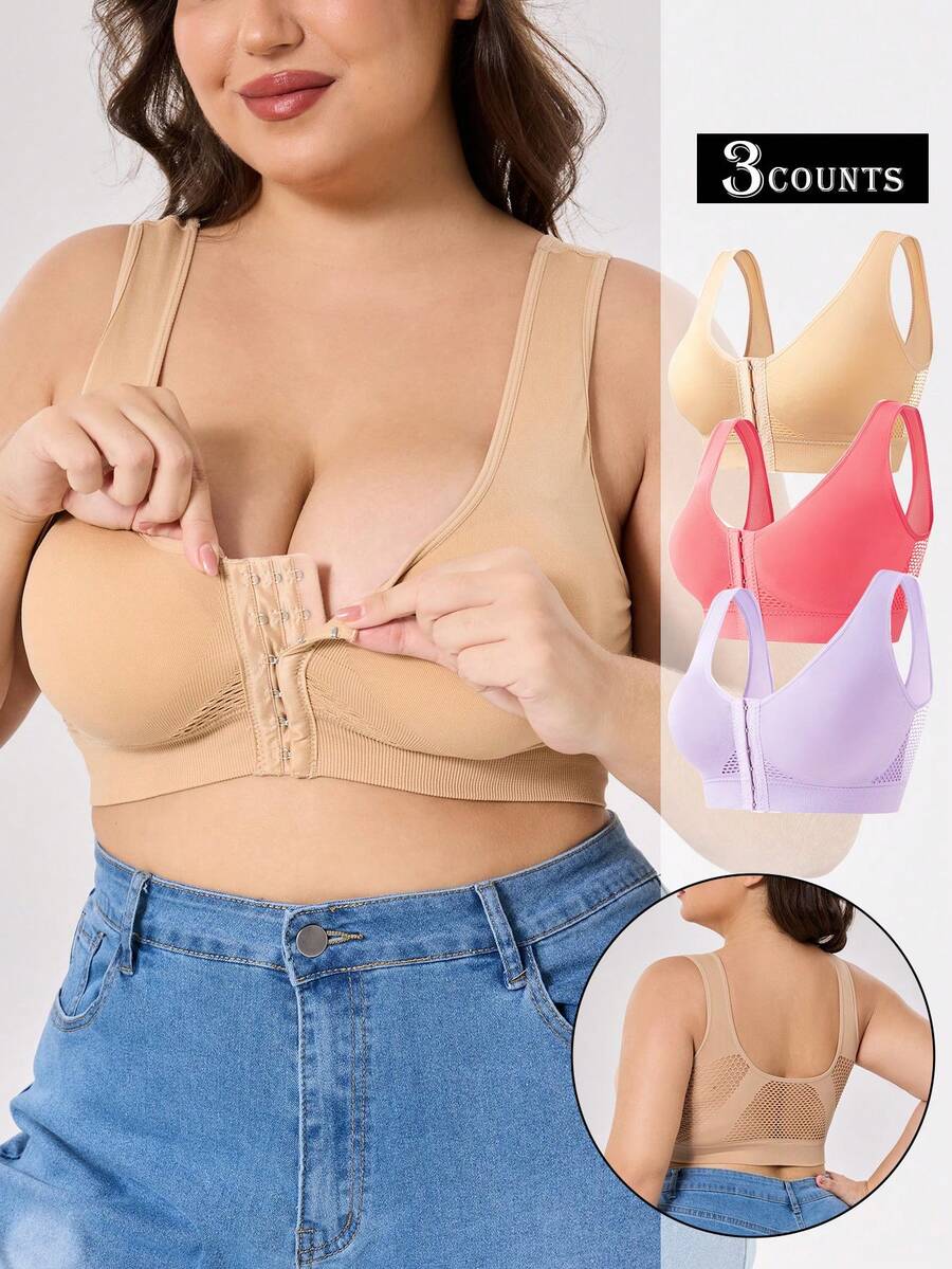 3 Packs Breathable Mesh Sports Bra | Plus Size, Front Closure & Wireless Comfortable Bra - Multicolor - View 1