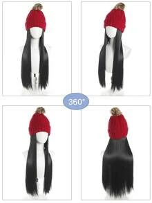 女士合成假发一体式针织帽，耐热长直发，保暖内衬冬季帽，打造时尚造型（黑色/金色/米色/红色）