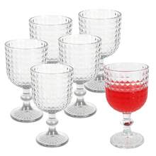 Vintage Wine Glasses Set Of 6, 12 Ounces Colored Glass Water Goblets, Unique Embossed Pattern High Clear Stemmed Glassware Wedding Party Bar Glass Drinking Cups Fancy Glasses - Clear - View 1