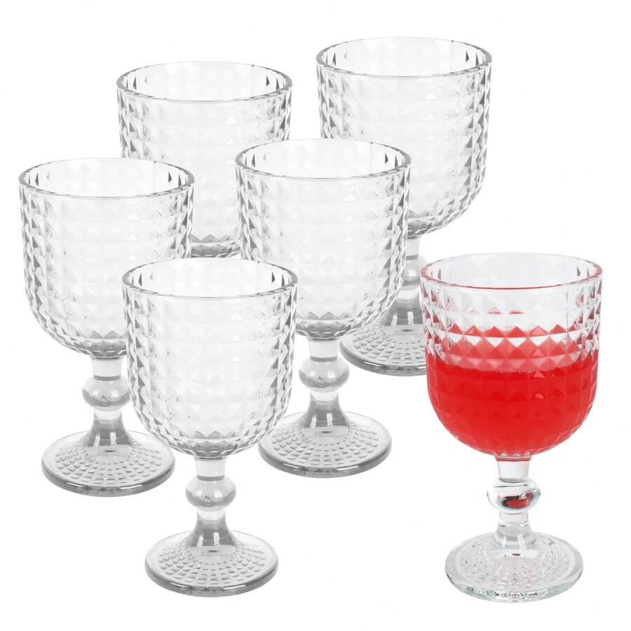 Vintage Wine Glasses Set Of 6, 12 Ounces Colored Glass Water Goblets, Unique Embossed Pattern High Clear Stemmed Glassware Wedding Party Bar Glass Drinking Cups Fancy Glasses - Clear - View 1