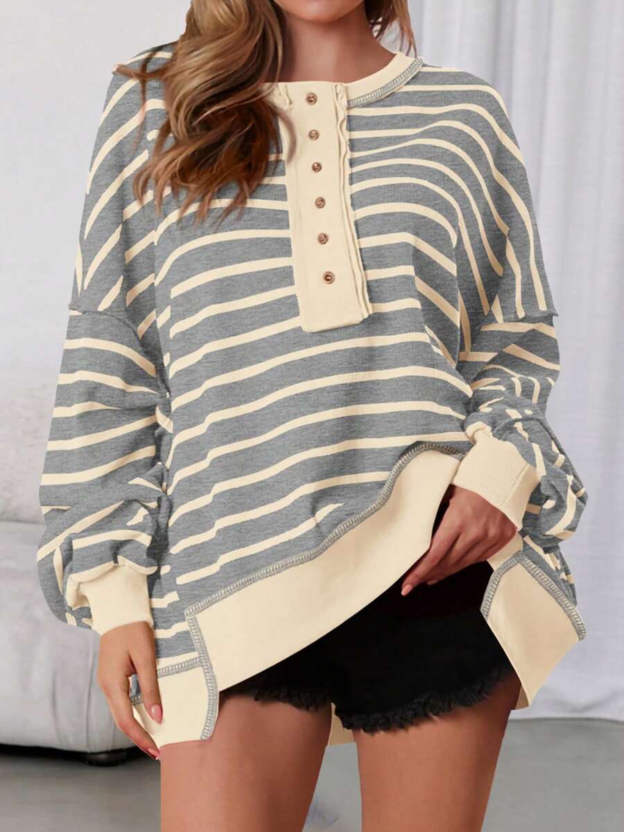 Womens Fall Striped Oversized Sweatshirt Long Sleeve Button Up Henley Neck Waffle Knit Pullover Tunic Tops - Beige Stripes On Light Grey Background - View 1