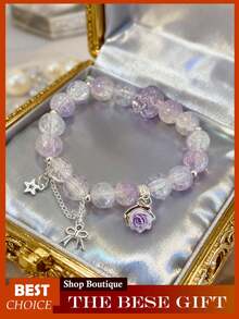 Crystal Beaded Bracelet For Women, Glass & Synthetic Crystal Bracelet, Elegant Adjustable Stretch Bracelet With  Flower Beads, Dainty Bohemian Beaded Jewelry Gift - 紫色 - 查看 7