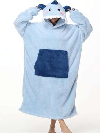 Damen Fleece-gefütterter Kapuzen-Schlafanzug mit Taschen, süßes Hai-Design, langärmeliger dicker Nachthemd-Bademantel