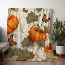 1pc SDoo Vintage Autumn Butterfly & Pumpkin Print Flannel Blanket - Soft Warm All-Season Throw For Sofa, Bed, Car, Office, Camping - Mixed Colors, Cozy Gift Blanket, Blanket For Couch, Camping Accessory, Seasonal Decor Item, Plush Texture-30*40in - Multicolor - View 5