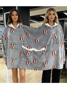 Couples Pajamas, Funny Couples Hooded Pajamas, Oversized Flannel Loungewear Hoodie With Pockets - Grey - View 1