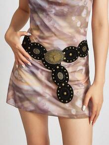 1pc Women's Heart Patchwork Rivet Decor Western Retro Waist Belt Accessory, American Vintage Style In Stock - Coffee - View 7