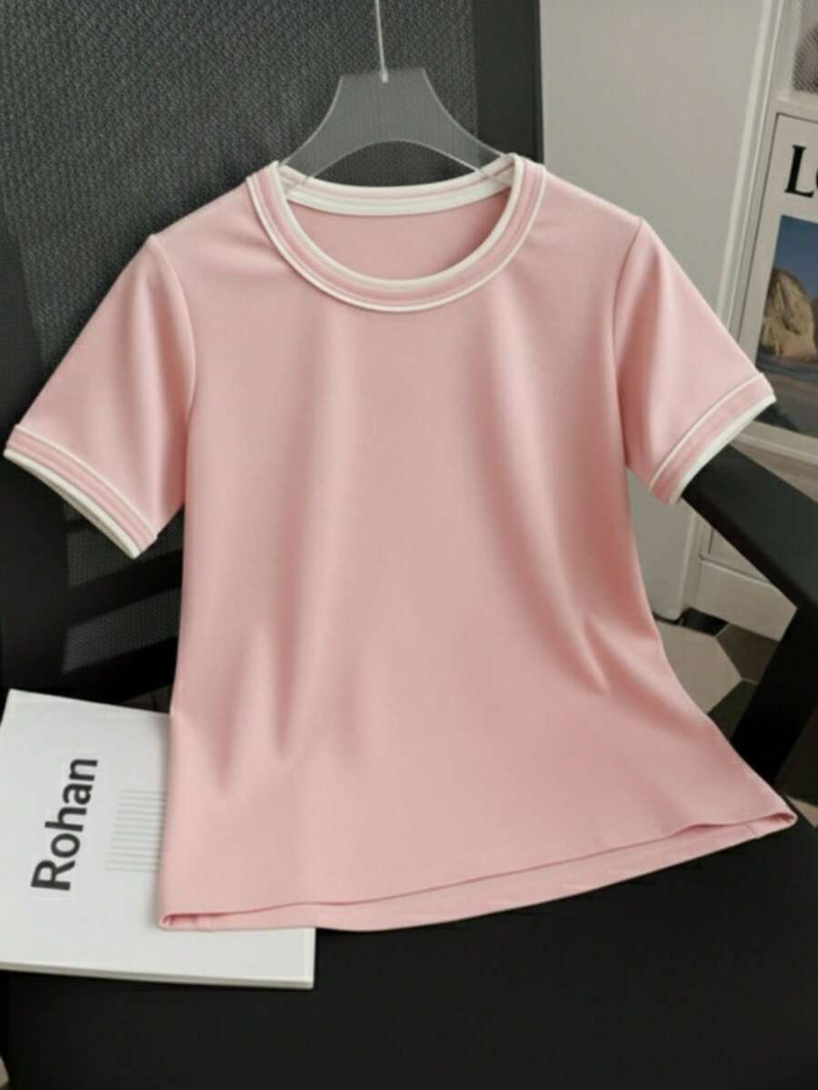 Women's Short-Sleeve Ribbed Blouse, Plain, Round Neck With Collar And Sleeve Details, Elegant Basic Style - Pink - View 1