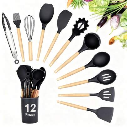 lerfm Set 12 espatulas utensilios de cocina de silicona con mango de madera