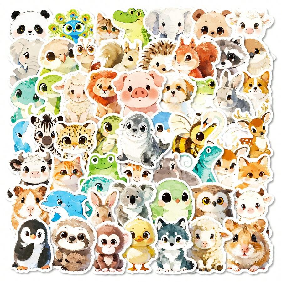 56 Peças Adesivos de Animais Doodle em Aquarela Cartoon, Adesivos Personalizados Coloridos e Fofos, Não Repetitivos, Adequados para Capas de Telefone, Scrapbooking, Garrafas de Água, Skates, Laptops, Suprimentos de Escritório, Decoração de Carros, Planejadores, Bagagem, Recompensas de Sala de Aula, Interação Pais-Filhos, Presentes de Aniversário, Selos de Lancheira - Multicolorido - Visão 1