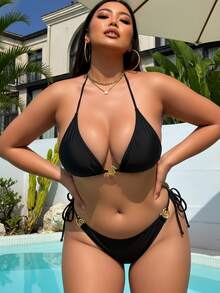 Set Bikini Pelangsing Ukuran Plus Terbaru Warna Hitam & Emas dengan Gesper, Cocok untuk Liburan Pantai Musim Panas dan Santai - Hitam - View 3