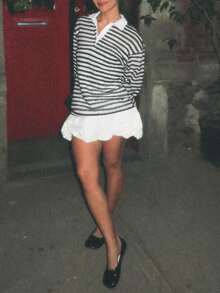 New Stylish & Elegant Striped Contrast Color Ribbed Front Button Long Sleeve Sweatshirt, Suitable For College, Vacation, Street, Airport, All Seasons - Black and White - View 5