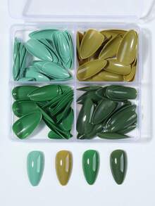 120 buc/cutie (4 amestecate) unghii false verzi migdale, scurte, acrilice, cu acoperire completă, cu cutie de depozitare, potrivite pentru femei și fete, în viața de zi cu zi și la petreceri