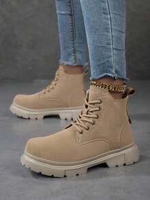 2025 秋冬新款女式简约系带战斗靴，户外踝靴，情侣款，女靴，厚底靴 - 駝色 - 查看 3