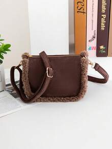 女士毛绒斜挎单肩包，秋冬新款时尚复古优雅可爱手提包，柔软仿毛皮和麂皮拼接方形托特包，大容量，可调节肩带，是女士休闲外出和日常使用的完美礼物