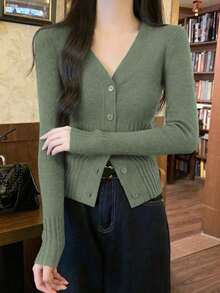 V-Neck Design With Thin Buckle, Long Sleeve, Ribbed Sweater, Bottom Cardigan For Women, Autumn/Winter,Homecoming - Grass Green - View 5