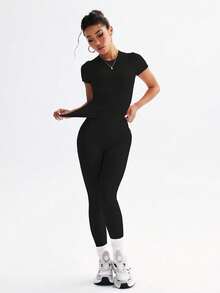 FWH 1. Cute Solid Color Crop Top, Stretchy Fitted Round Neck Sweet Fashionable Versatile Jacket, Elegant High Waist Slim Casual Tummy Control Daily All-Match Dancewear Shaping Streetwear Running Yoga 2-Piece Set, Women - Multicolor - View 7