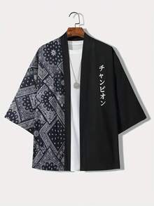 男士日系新款汉字腰果印花七分袖休闲衬衫，度假装 - 黑色 - 查看 12