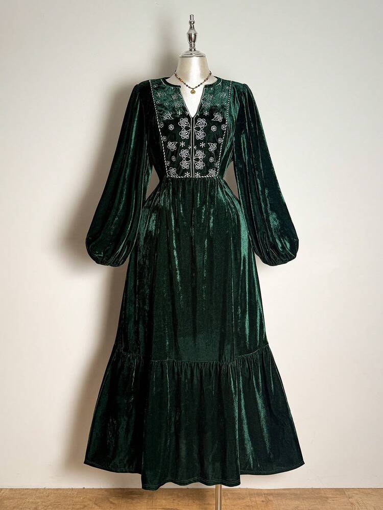 bohemian velvet dress Rusttydustty Embroidered V-Neck Deep Green Elegant Holiday Elegant Dress,Christmas, Thanksgiving, New Year Party Outfit Black and Red 'Willow' Feb12pics COLOR:DUSTY BLUE embroidered celestial moons and